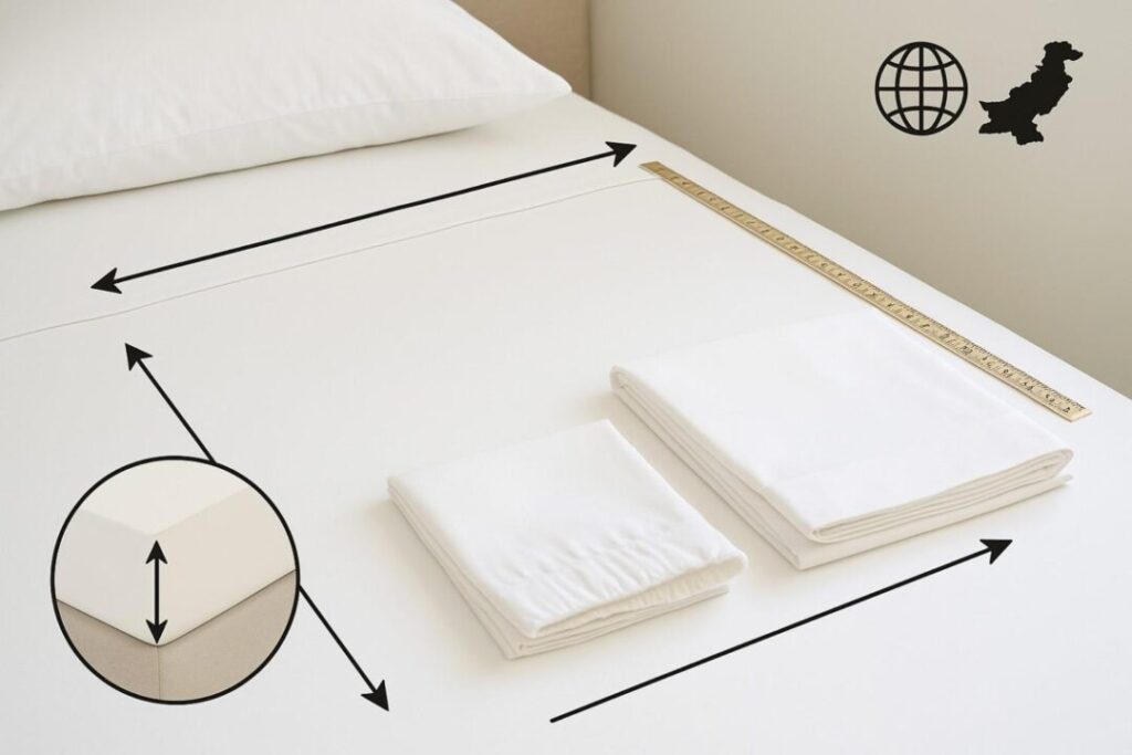 Meta description: A global first bed sheet size guide (Pakistan rooted). Mattress dimensions, fitted vs flat sheet sizing, pocket depths and a printable chart so your sheets actually fit.