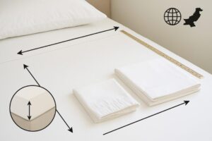 Meta description: A global first bed sheet size guide (Pakistan rooted). Mattress dimensions, fitted vs flat sheet sizing, pocket depths and a printable chart so your sheets actually fit.